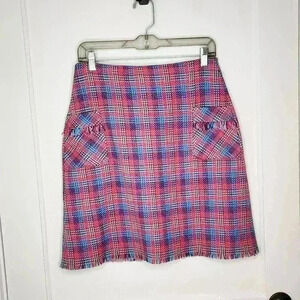 Boden Mini Skirt Size 6L Boucle Tweed Plaid Fringe Trim Pockets Preppy Pink Blue